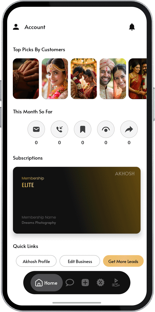Akhosh Business App Interface showing vendor dashboard with leads, bookings, and promotions